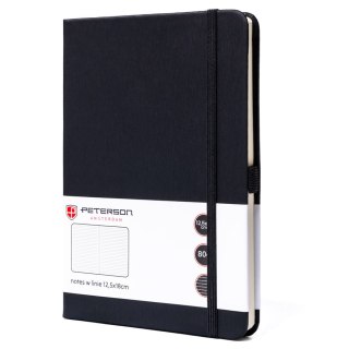 Czarny notes w formacie B6 zadrukowany w linie, wyposażony w gumkę zamykającą - Peterson