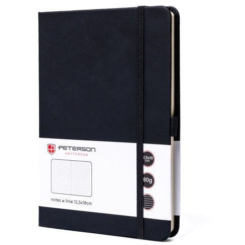 Czarny notes w formacie B6 zadrukowany w linie, wyposażony w pętelkę na długopis - Peterson