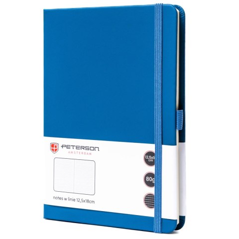 Niebieski notes w formacie B6 zadrukowany w linie, wyposażony w pętelkę na długopis - Peterson