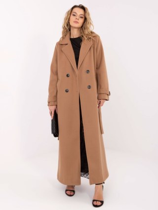 Camelowy elegancki płaszcz damski MAYA z paskiem i dwurzędowym zapięciem