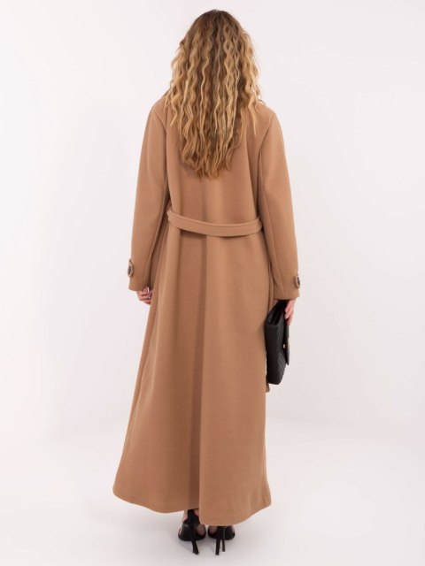 Klasyczny płaszcz camelowy damski z paskiem i mankietami