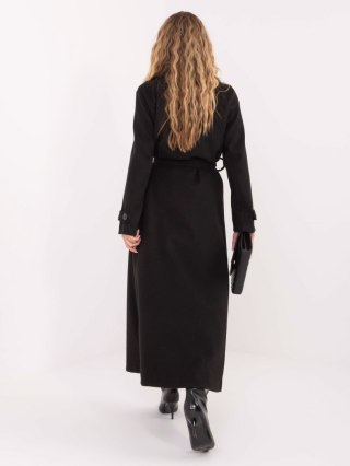 Czarny elegancki płaszcz damski MAYA z paskiem i kieszeniami