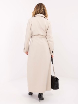 Jasnobeżowy elegancki płaszcz damski MAYA z wiązanym paskiem
