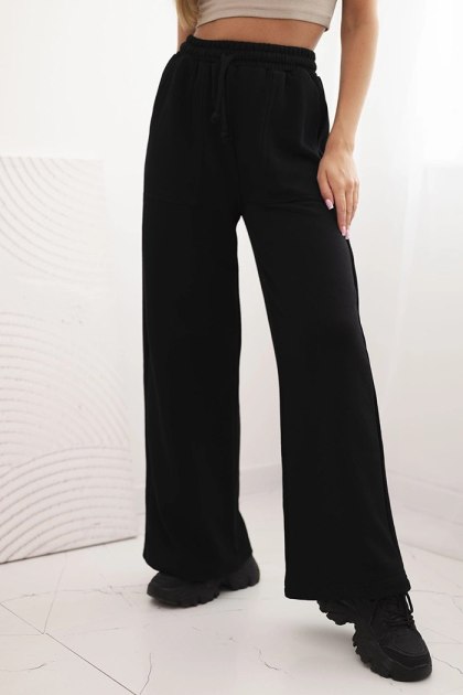 Spodnie damskie bawełniane z szeroką nogawką i kieszeniami – czarne