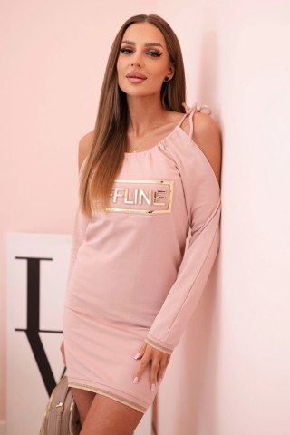 Sukienka damska bawełniana z odkrytymi ramionami i napisem OFFLINE – ciemny pudrowy róż