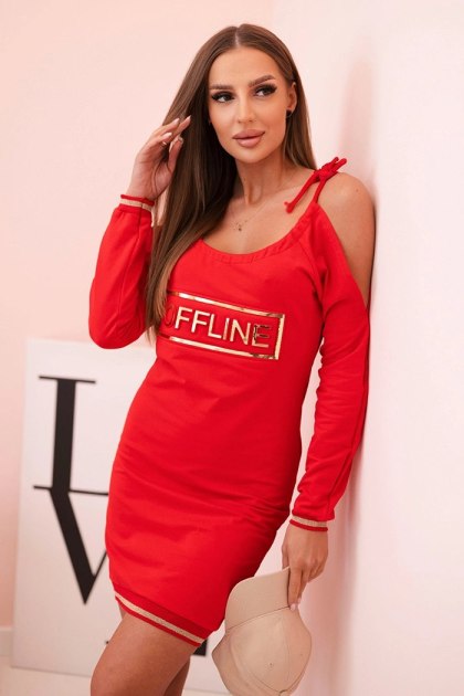Sukienka damska bawełniana z odkrytymi ramionami i napisem OFFLINE czerwona