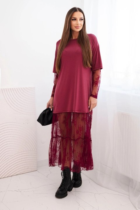 Bordowa sukienka z tiulowym dołem i rękawami – Stylowy Wieszak