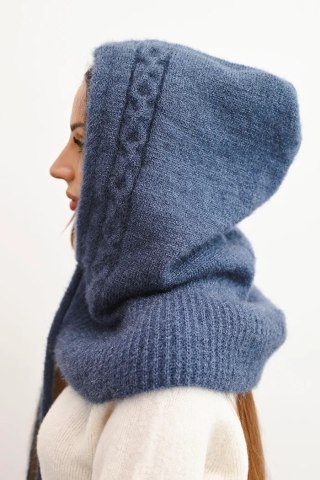 Czapka Kaptur Damski z Wiązaniem i Warkoczowym Splotem – Jeansowy – Stylowy Wieszak