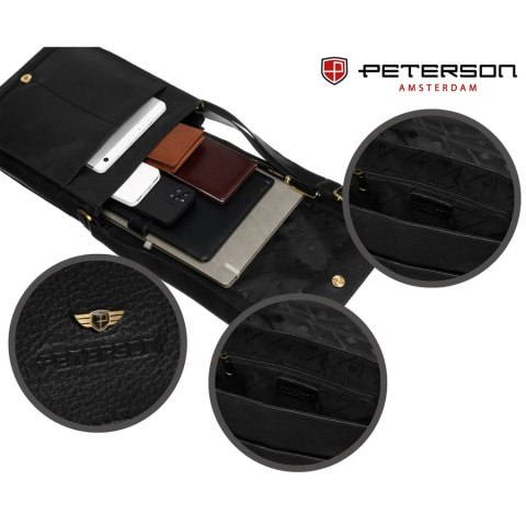 Duża torba męska ze skóry naturalnej w czarnym kolorze z klapką - Peterson