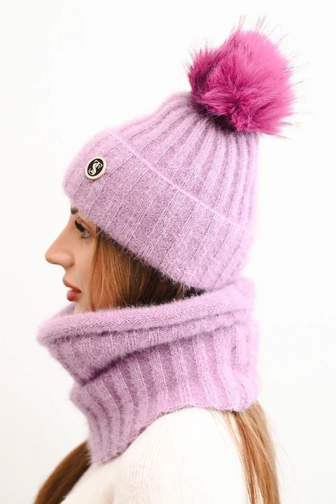 Komplet damski zimowy z pomponem i kominem – fioletowy