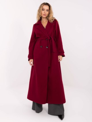 Bordowy elegancki płaszcz damski MAYA z paskiem i ozdobnymi mankietami