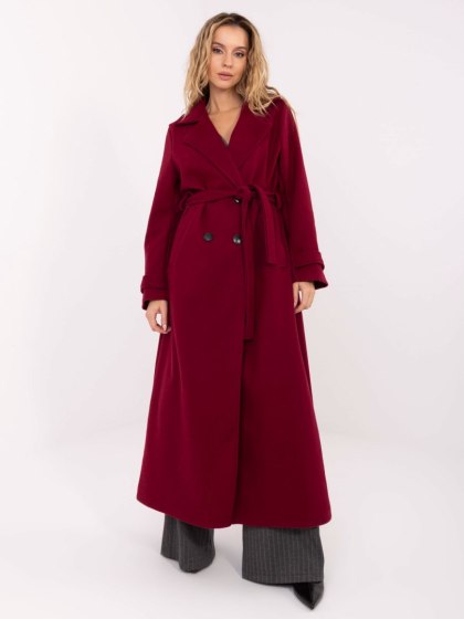 Bordowy elegancki płaszcz damski MAYA z paskiem i ozdobnymi mankietami