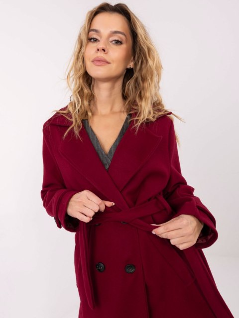 Płaszcz damski z podszewką i paskiem – kolor bordowy