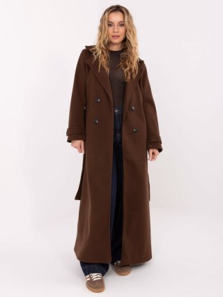 Brązowy elegancki płaszcz damski MAYA z dwurzędowym zapięciem i paskiem