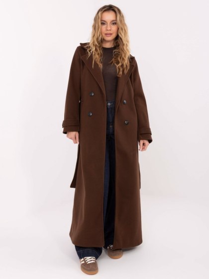Brązowy elegancki płaszcz damski MAYA z dwurzędowym zapięciem i paskiem