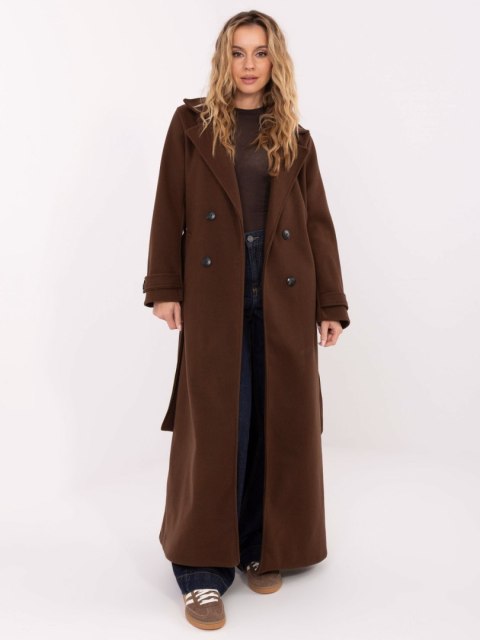 Brązowy elegancki płaszcz damski MAYA z dwurzędowym zapięciem i paskiem