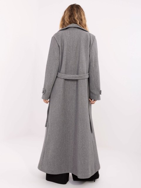 Długi płaszcz damski szary – klasyczny fason z paskiem i kołnierzem