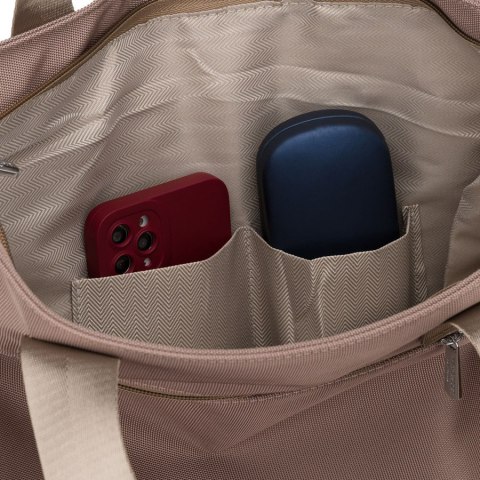 Beżowa shopperka damska na uchwytach i doczepianym pasku, zamykana suwakiem - Peterson