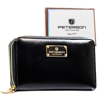 Czarny portfel damski w typie piórnika ze skóry ekologicznej wyposażony w system RFID - Peterson