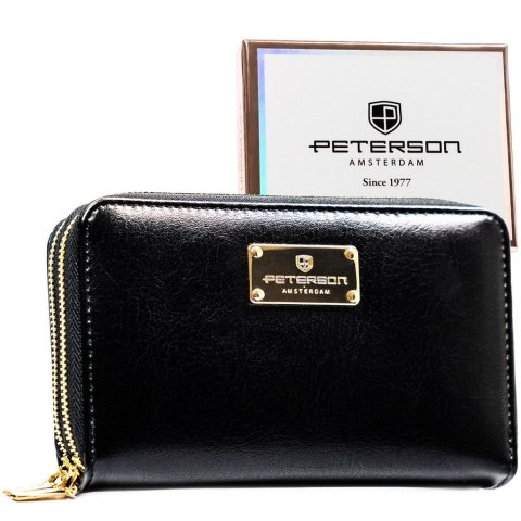 Czarny portfel damski w typie piórnika ze skóry ekologicznej wyposażony w system RFID - Peterson