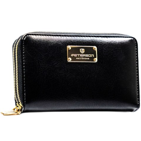 Czarny portfel damski w typie piórnika ze skóry ekologicznej wyposażony w system RFID - Peterson