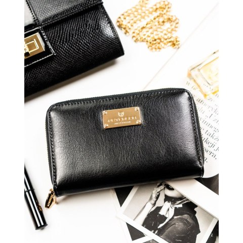 Czarny portfel damski w typie piórnika ze skóry ekologicznej wyposażony w system RFID - Peterson