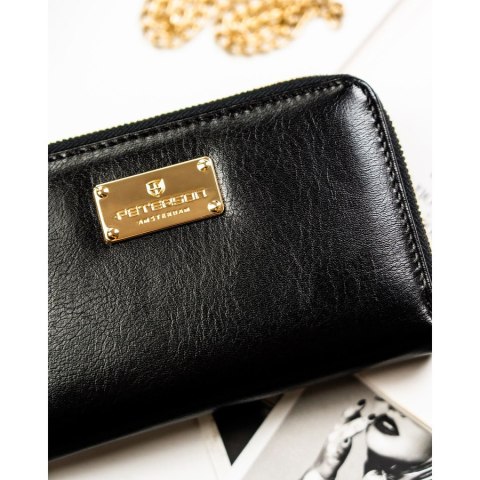 Czarny portfel damski w typie piórnika ze skóry ekologicznej wyposażony w system RFID - Peterson
