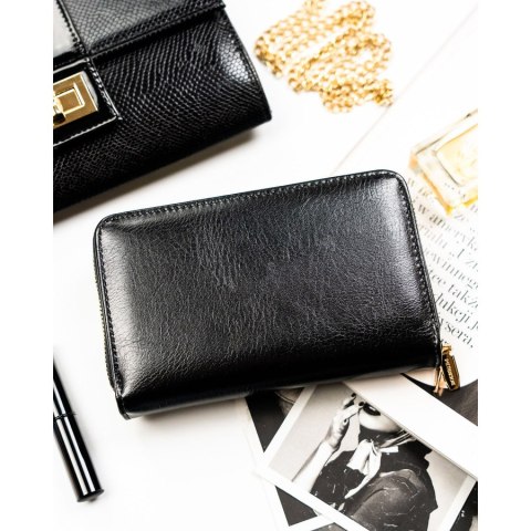 Czarny portfel damski w typie piórnika ze skóry ekologicznej wyposażony w system RFID - Peterson