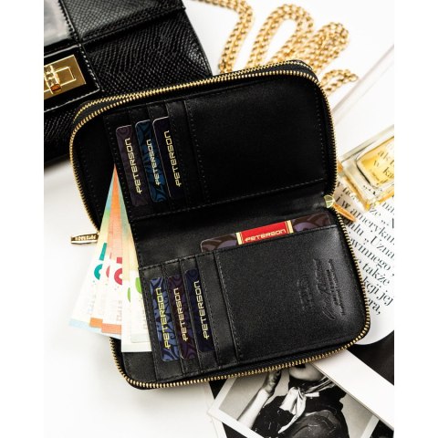 Czarny portfel damski w typie piórnika ze skóry ekologicznej wyposażony w system RFID - Peterson