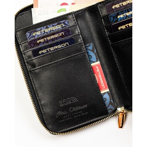 Czarny portfel damski w typie piórnika ze skóry ekologicznej wyposażony w system RFID - Peterson