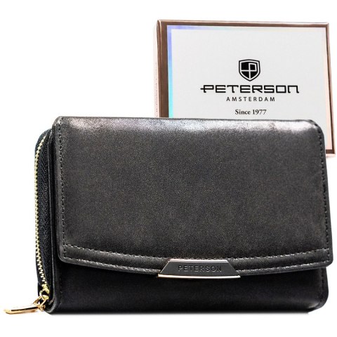 Czarny portfel damski ze skóry ekologicznej zamykany na zatrzask i suwak - Peterson