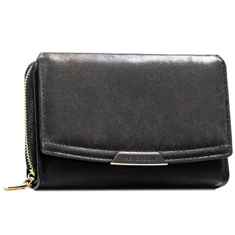 Czarny portfel damski ze skóry ekologicznej zamykany na zatrzask i suwak - Peterson