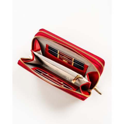 Czerwony portfel damski w typie piórnika ze skóry ekologicznej wyposażony w system RFID - Peterson