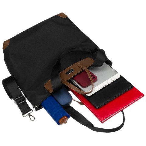 Duża, czarna shopperka damska na uchwytach i doczepianym pasku - Peterson