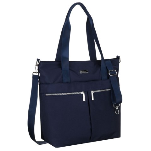 Granatowa, jednokomorowa shopperka damska z poliestru wyposażona w dopinany, regulowany pasek - Peterson
