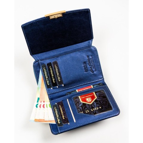 Granatowy portfel damski ze skóry ekologicznej wyposażony w system RFID - Peterson