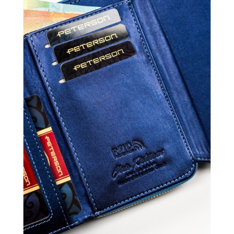 Granatowy portfel damski ze skóry ekologicznej wyposażony w system RFID - Peterson