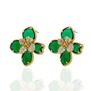 Kolczyki pozłacane 14K w kształcie kwiatów z zielonymi cyrkoniami KST3472