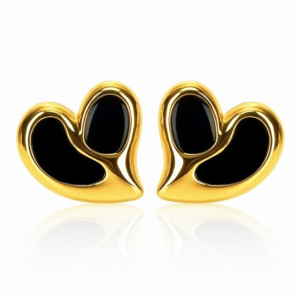 Kolczyki ze stali szlachetnej pozłacane 14k złotem, efektowne czarne serca KST3481CZ