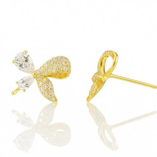 Kolczyki pozłacane 14K kokardki z cyrkoniami sztyft KST3494