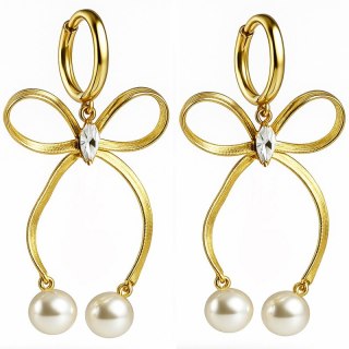 Kolczyki ze stali szlachetnej pozłacane 14k złotem, wiszące kokardy z perełkami KST3453