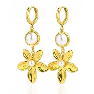 Pozłacane kolczyki wiszące kwiaty z perłą KST3440 ze stali chirurgicznej