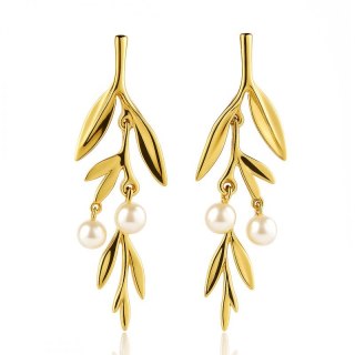 Pozłacane kolczyki wiszące z perełkami KST3438 ze stali chirurgicznej