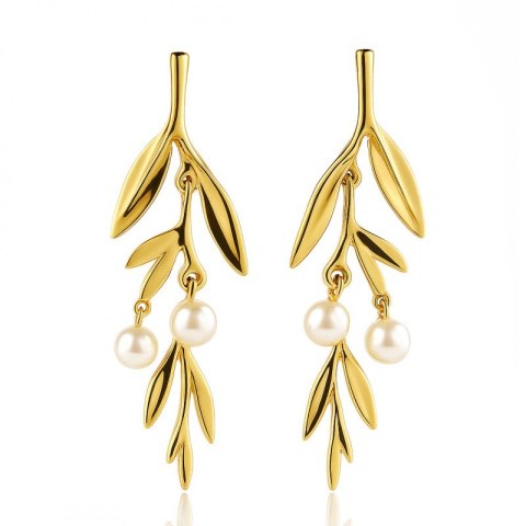 Pozłacane kolczyki wiszące z perełkami w kształcie gałązki KST3438