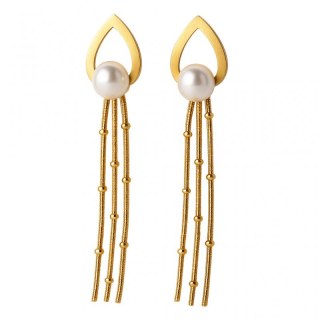 Pozłacane kolczyki wiszące z perłą KST3437 ze stali chirurgicznej