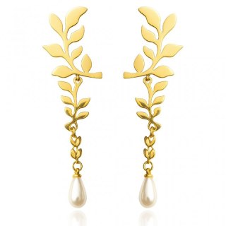 Kolczyki ze stali szlachetnej pozłacane 14k złotem, wiszące z perłą KST3449