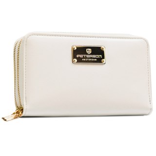 Portfel damski w typie piórnika ze skóry ekologicznej w białym kolorze, wyposażony w system RFID - Peterson