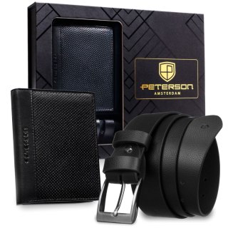 Zestaw prezentowy: skórzany, pionowy portfel męski w czarnym kolorze bez zapięcia i czarny pasek ze skóry ekologicznej - Peterso