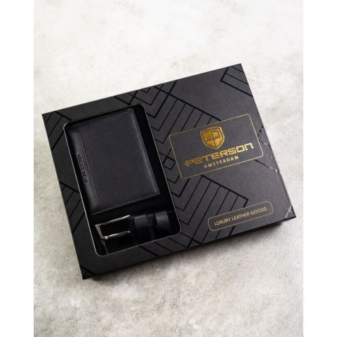 Zestaw prezentowy: skórzany, pionowy portfel męski w czarnym kolorze bez zapięcia i czarny pasek ze skóry ekologicznej - Peterso