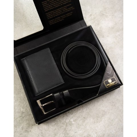 Zestaw prezentowy: skórzany, pionowy portfel męski w czarnym kolorze bez zapięcia i czarny pasek ze skóry ekologicznej - Peterso